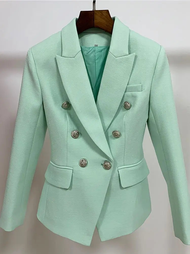 Classic Baroque Designer Jacket Women's Metal Lion Buttons Double Breasted Textured Blazer Mint Green-Dollar Bargains Online Shopping Australia