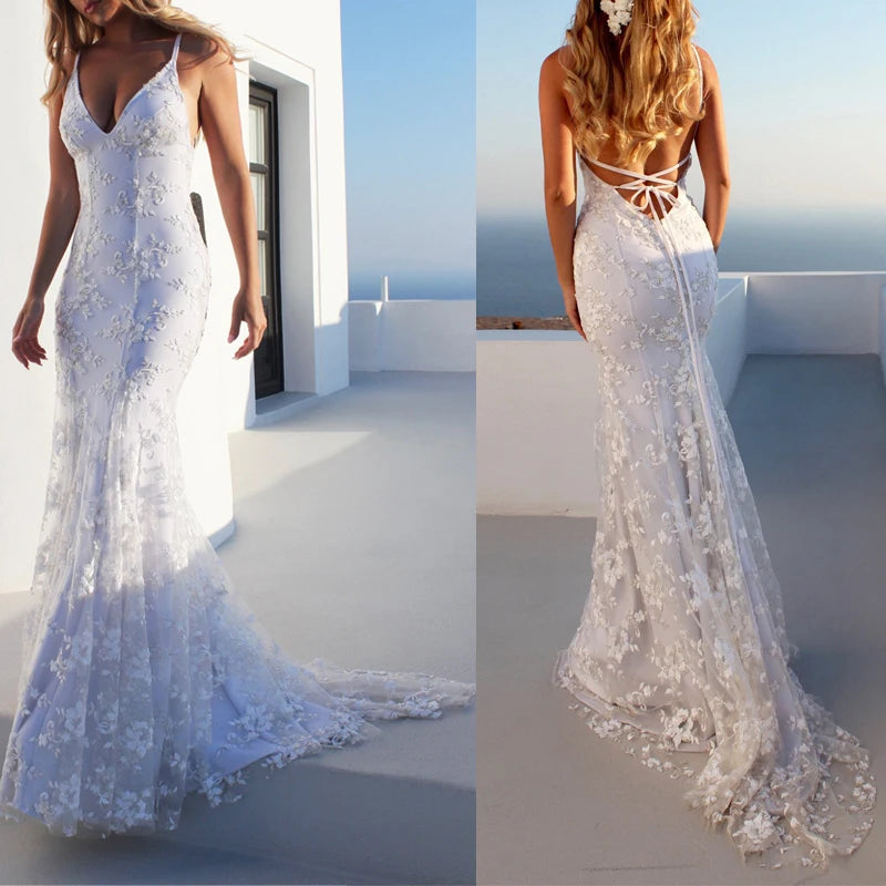 Women Party Long Dress White Sexy Lace Dress V Neck Backless Lace Up Maxi Bodycon Dresses