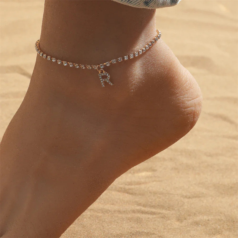 Crystal Zircon Initial Letter Ankle Bracelet Alphabet Anklets for Women Foot Chain Beach Leg Bracelets Boho Jewelry-Dollar Bargains Online Shopping Australia