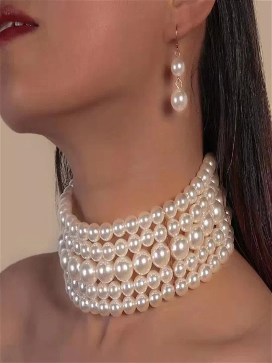 Multi-layer imitation pearl beaded short necklace earring set-Dollar Bargains Online Shopping Australia