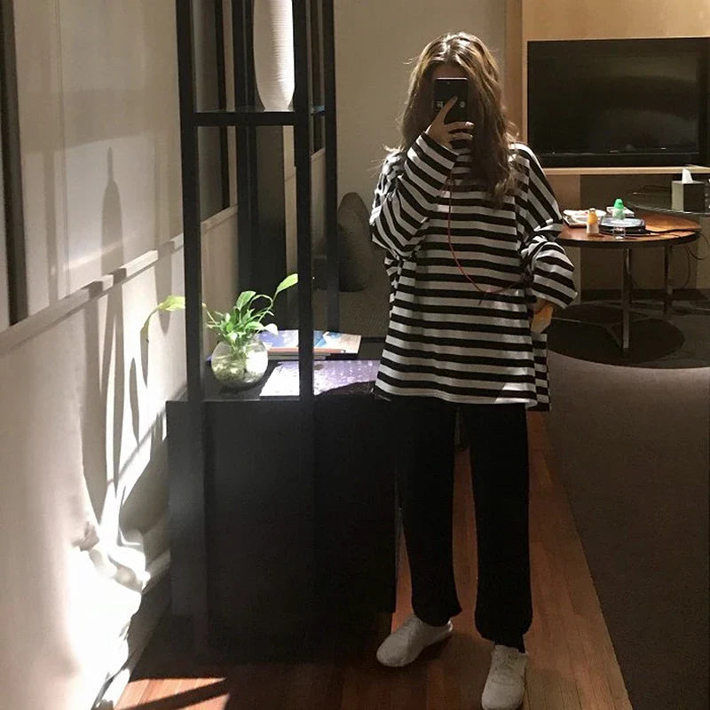 Women harajuku Striped Tshirt Long Sleeve O-Neck T-Shirts oversized T Shirt-Dollar Bargains Online Shopping Australia