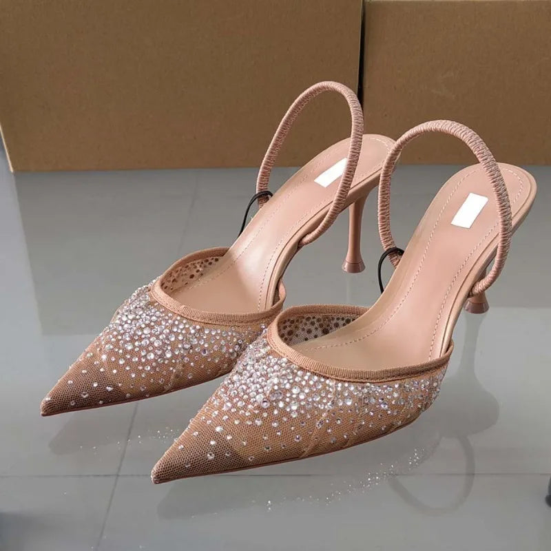 Women's Sandals Water Diamond Bright Mesh High Heels Footwear Elegant Slingback Pointed Slip on Party Lady Shoes-Dollar Bargains Online Shopping Australia