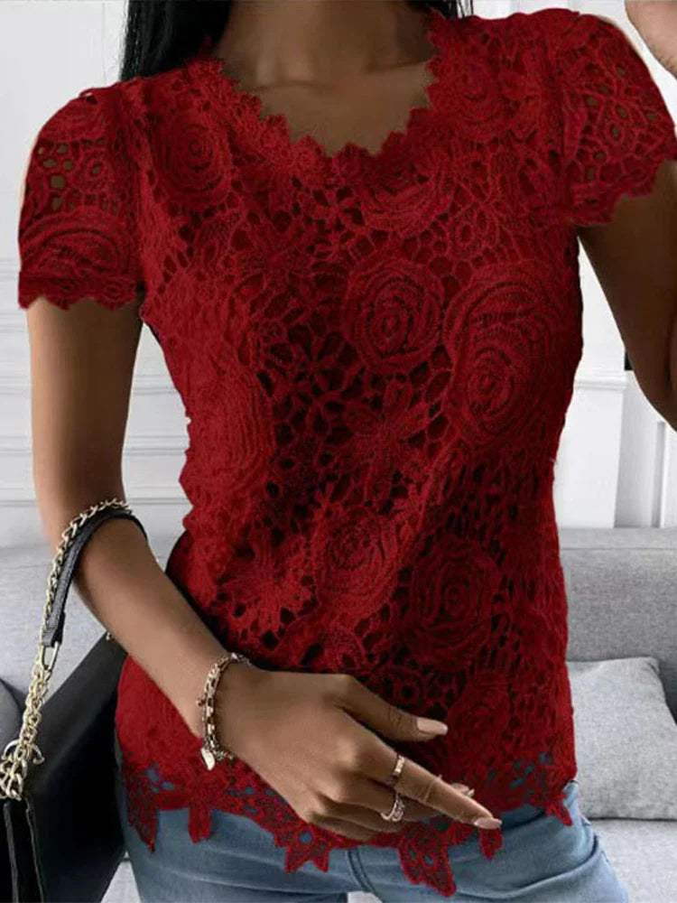 Women Lace Blouse Tops Summer V Neck Short Sleeve Lace Patchwork OL Blouse Shirts-Dollar Bargains Online Shopping Australia