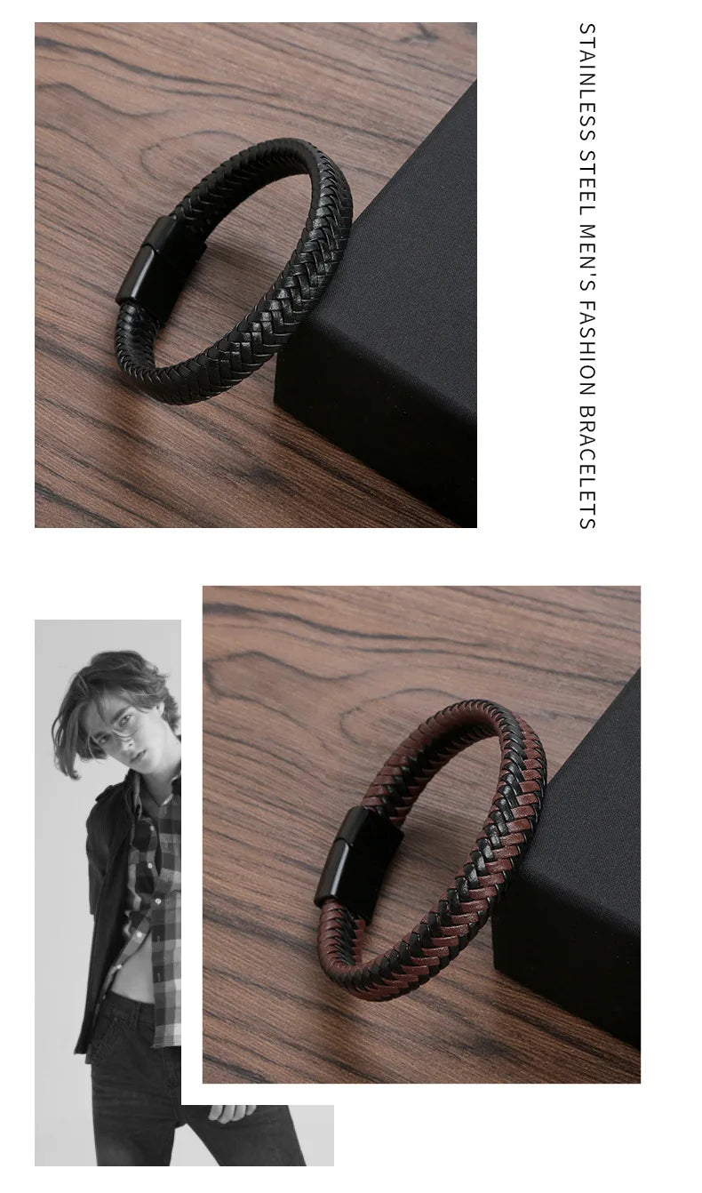 Punk Men Leather Braided Bracelet Hand-Woven Classic Stainless Steel Magnetic Clasp Leather Bangle-Dollar Bargains Online Shopping Australia