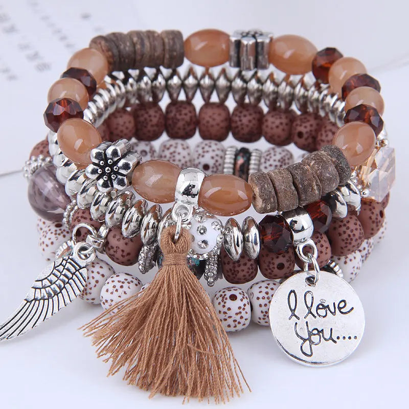 Bohemian Multicolor Pink Crystal Beads Bracelets Women Girls Elastic Tassel Wing Letters Rope Bracelet-Dollar Bargains Online Shopping Australia