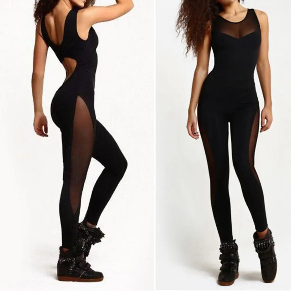 Solid Color High Elastic Backless Women Romper Sportswear Mesh Patchwork Sexy Hollow Out See Through Jumpsuit Gym