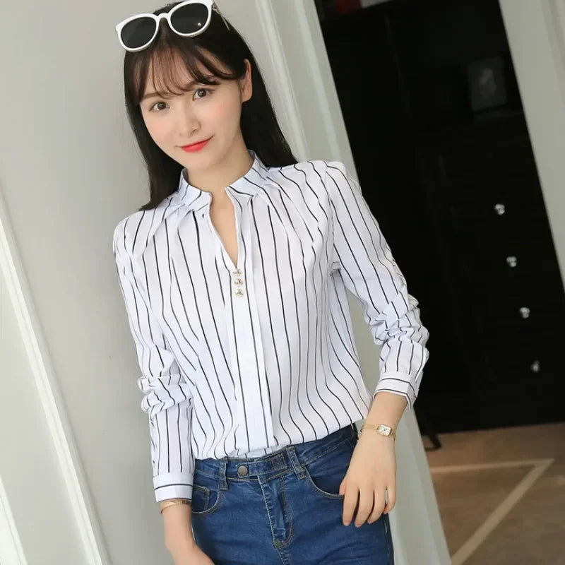 Women White Tops Women's Blouses Fashion Stripe Print Casual Long Sleeve Office Lady Work Shirts Female Slim-Dollar Bargains Online Shopping Australia