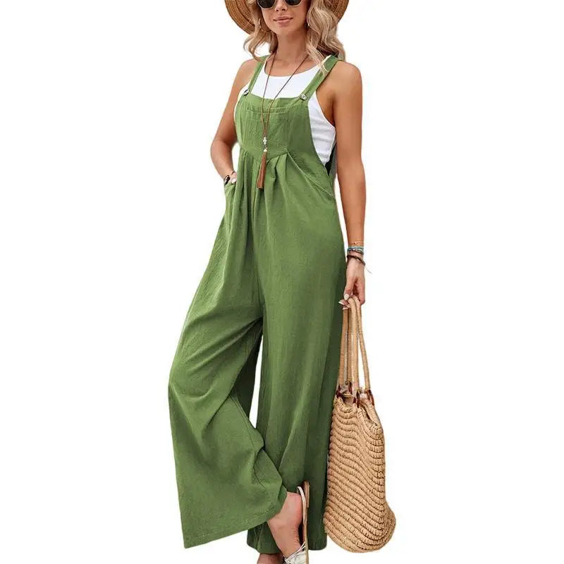 Retro Casual Cotton Suspender Long Pant Pockets Button Wide Leg Strap Jumpsuit Loose Rompers Overalls-Dollar Bargains Online Shopping Australia