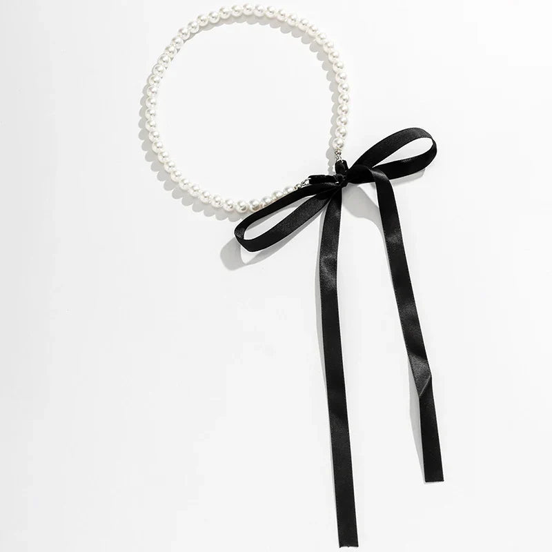 Wedding Party Jewelry Long Black Ribbon Choker Necklace For Women Elegant White Imitation Pearl Beach Vacation Necklaces-Dollar Bargains Online Shopping Australia