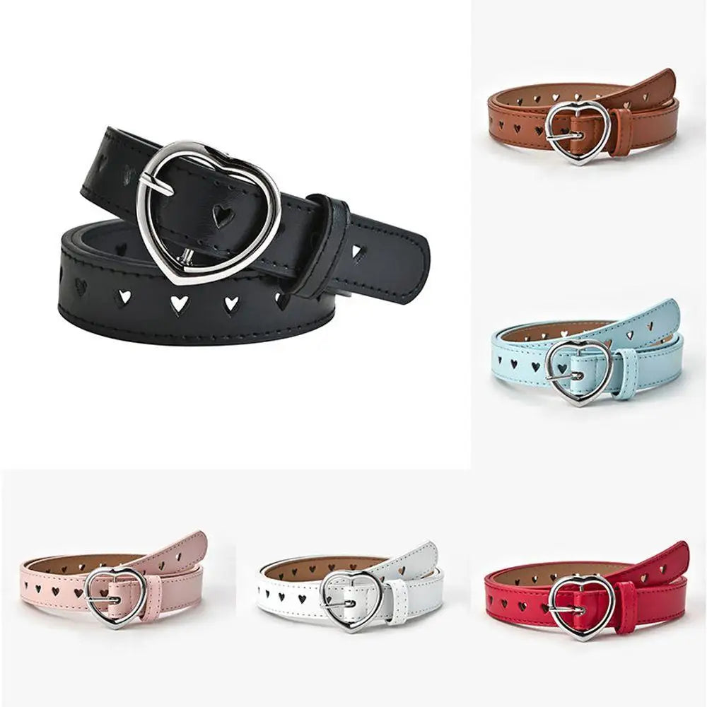 Children Faux Leather Belt Kids Cute Peach Heart Buckle Belts For Girls Solid Waistband Love Heart Eyelet Grommet Waist Belt