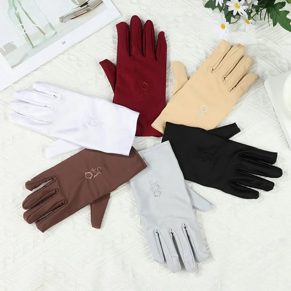 Elastic Sun Protection Gloves Outdoor Thin Embroidered Driving Gloves Full Finger Mitts Girls