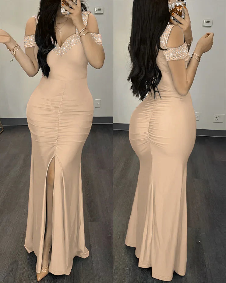 High Waist Evening Dresses Fashion Women's Clothes Rhinestone Cold Shoulder Slit Ruched Elegant Party Dress-Dollar Bargains Online Shopping Australia