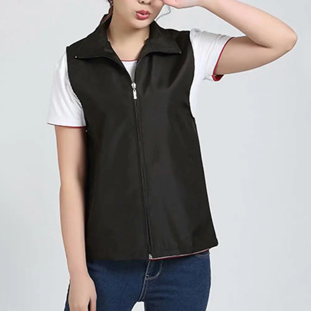 Lapel Sleeveless Pockets Zipper Placket Mesh Lining Outdoor Vest Volunteer Bright Color Slim Fit Work Waistcoat Colete