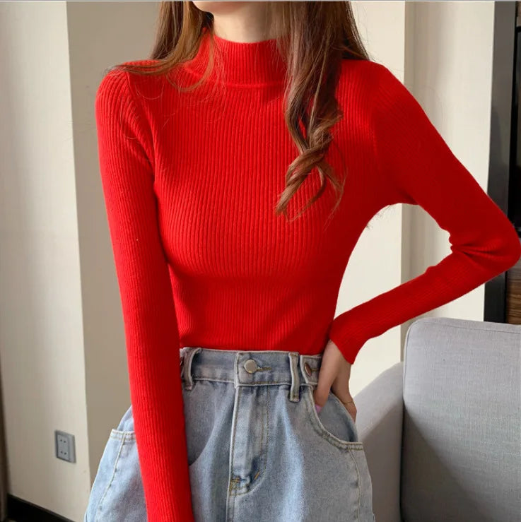 Sweater Top Women Ribbed Soft Mock Neck Elastic Pullover Warm Solid Color Slim Jumper-Dollar Bargains Online Shopping Australia