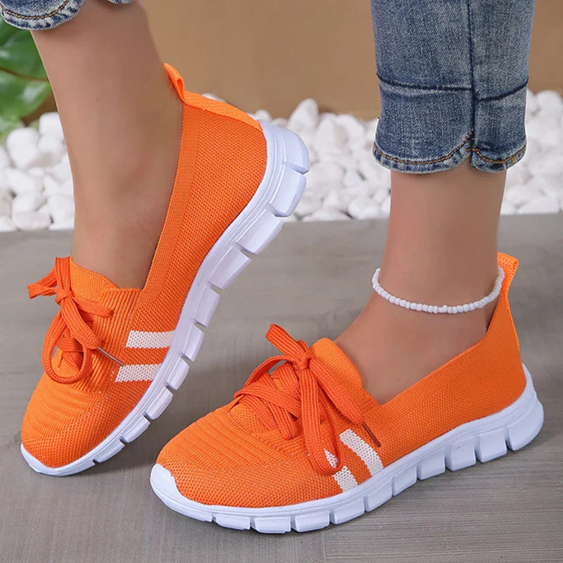 Mesh Knitted Striped Flats Shoes Women Lace Up Casual Sneakers Woman Breathable Soft Sole Loafers-Dollar Bargains Online Shopping Australia