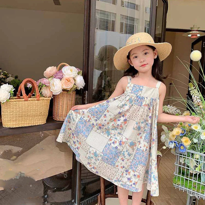 Girls Strap Dress Plaid Flower New Casual Dress Sweet Long Dress-Dollar Bargains Online Shopping Australia