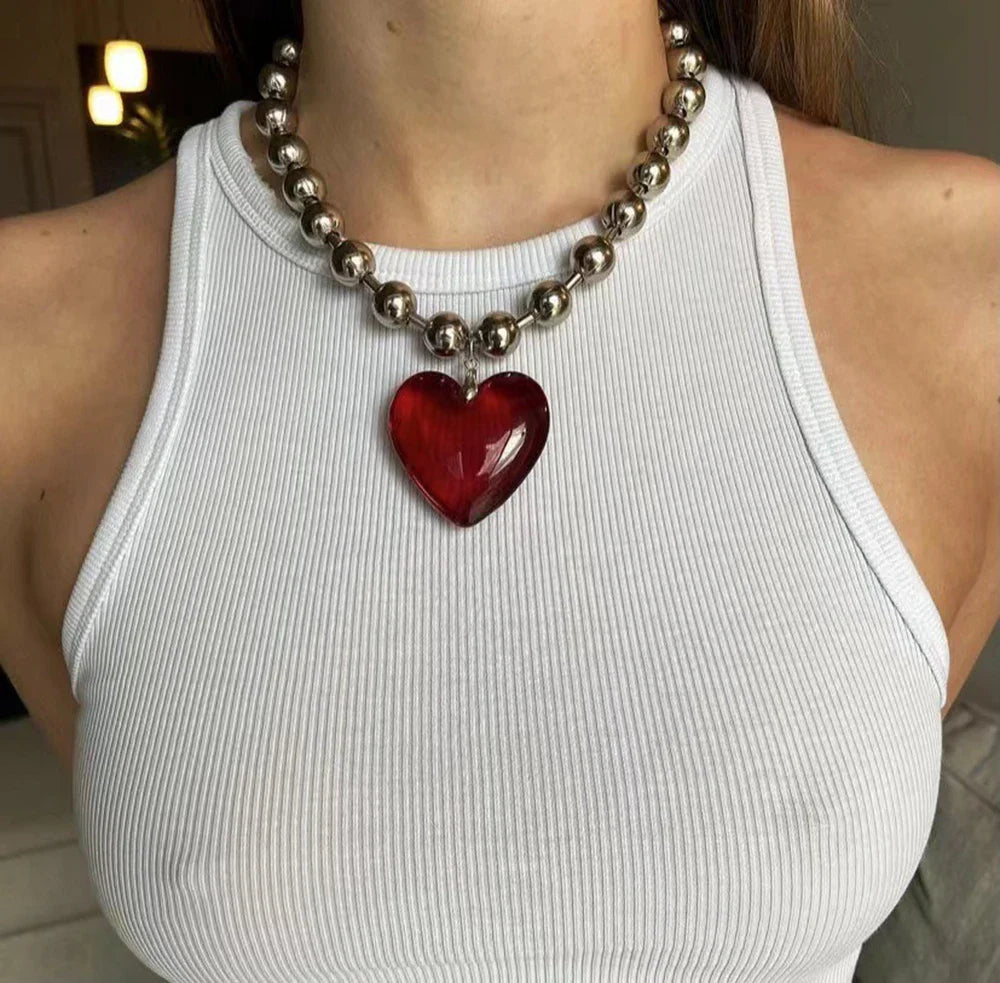 Grunge Fashion Glass Heart Pendant Necklace Y2K Oversize Ball Beads Chain Statement Choker Necklace for Women Club Punk Jewelry-Dollar Bargains Online Shopping Australia