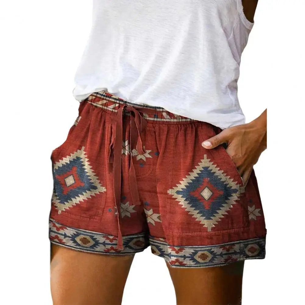 Beach Shorts Summer High Waist Elastic Waistband Short Pants Pockets Women Shorts Retro Print Drawstring Loose Shorts Streetwear-Dollar Bargains Online Shopping Australia