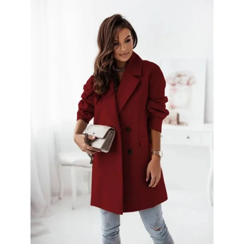 Long sleeved suit collar double breasted nickel coat, unique design, showcasing personal charm coats for women