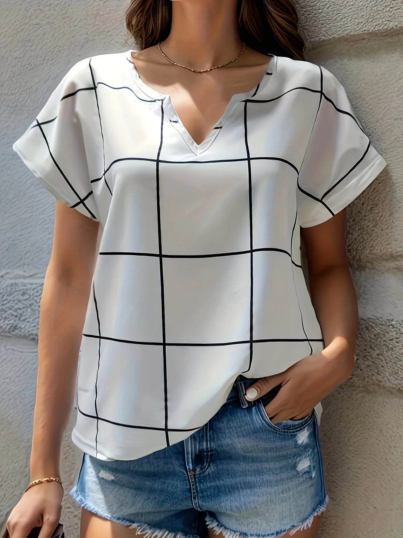 Women Plaid Printed Blouses Shirts Casual V Neck Short Sleeve Tops Ladies Basic Chic Blouses Tops-Dollar Bargains Online Shopping Australia