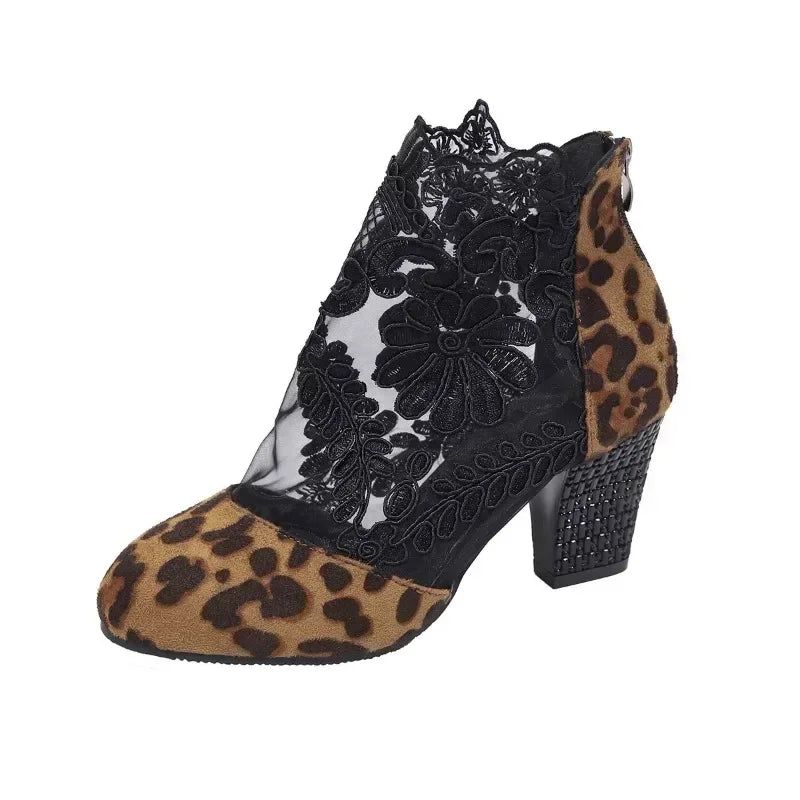 High Heels Boots Leopard Print Short Boots Women Lace Floral Back Zipper Round Toe-Dollar Bargains Online Shopping Australia