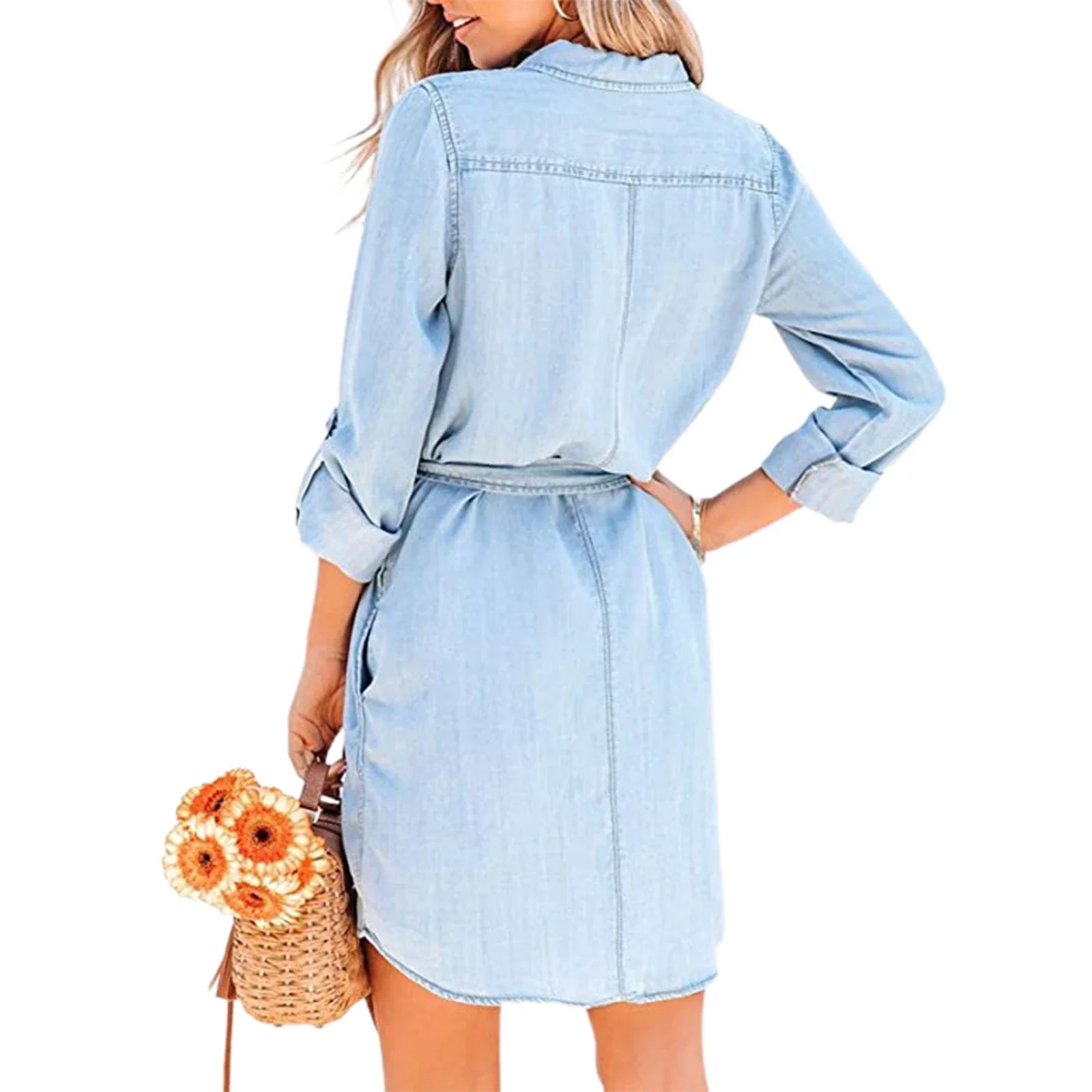 Fashion Women Casual Denim Dress Solid Color Long Sleeve Button-Down Lapel Short Dress with Belt Shirts Dress-Dollar Bargains Online Shopping Australia