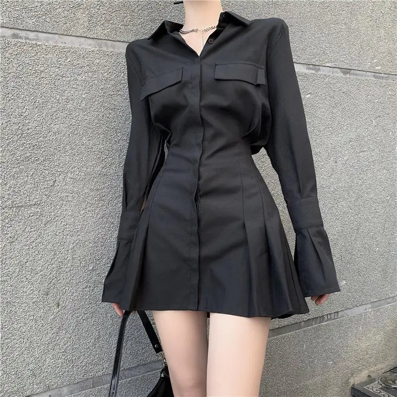 Black Shirt Dress Women Elegant Vintage Long Sleeve Dresses Sexy Gothic Pleated Streetwear Turn-down Collar Casual Robe-Dollar Bargains Online Shopping Australia