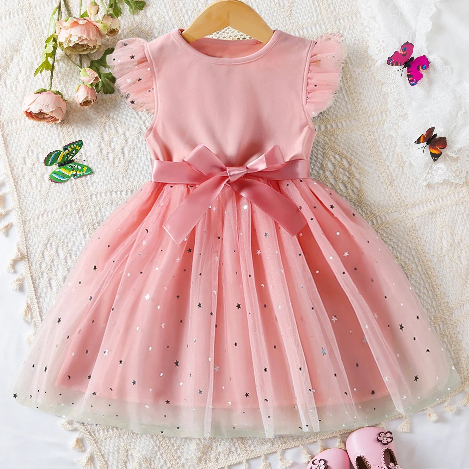 Girls Summer Sleeves Sequins Mesh Dresses for Kids Girls Princess Dress Baby Girl Casual Wear-Dollar Bargains Online Shopping Australia