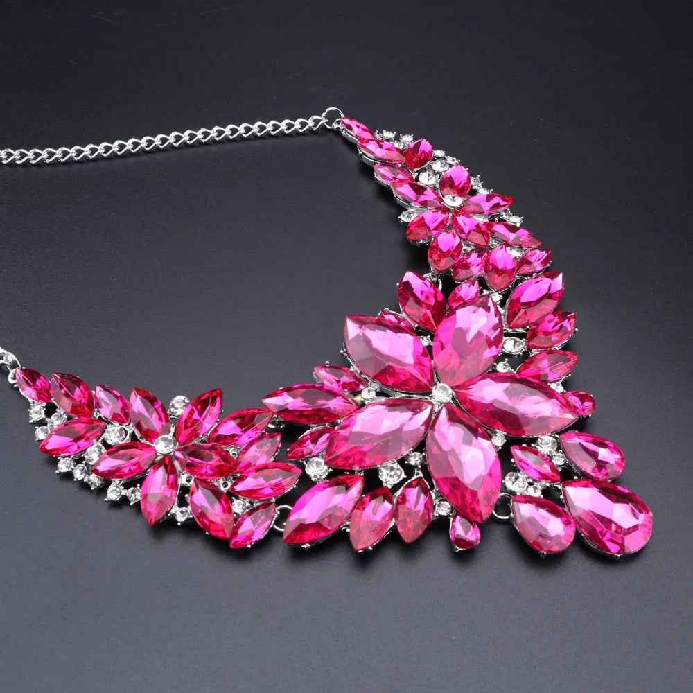 Fashion Pink Flowers Bridal Wedding Party Prom Costume Jewelry Sets Indian Necklace Earrings Sets for Brides Bridesmaids-Dollar Bargains Online Shopping Australia