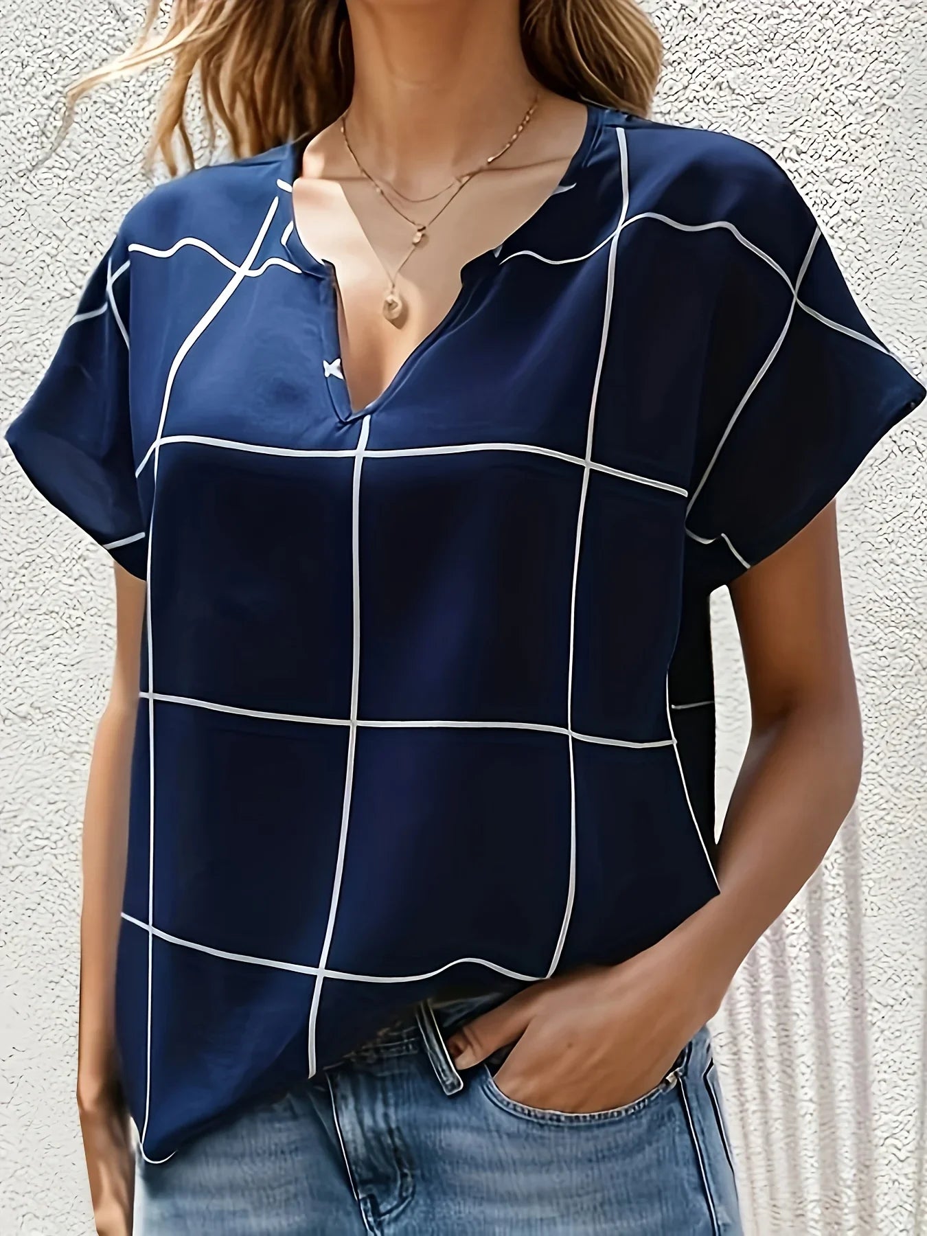 Women Plaid Printed Blouses Shirts Casual V Neck Short Sleeve Tops Ladies Basic Chic Blouses Tops-Dollar Bargains Online Shopping Australia