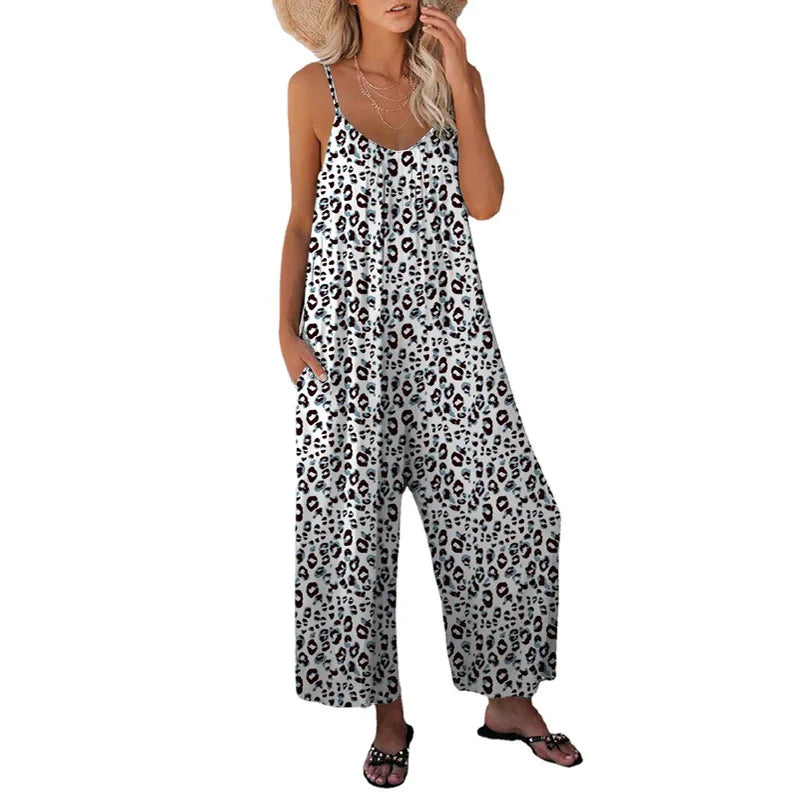 Women's Pants Cross Border Leopard Pattern Pocket Loose Casual Strap Jumpsuit-Dollar Bargains Online Shopping Australia