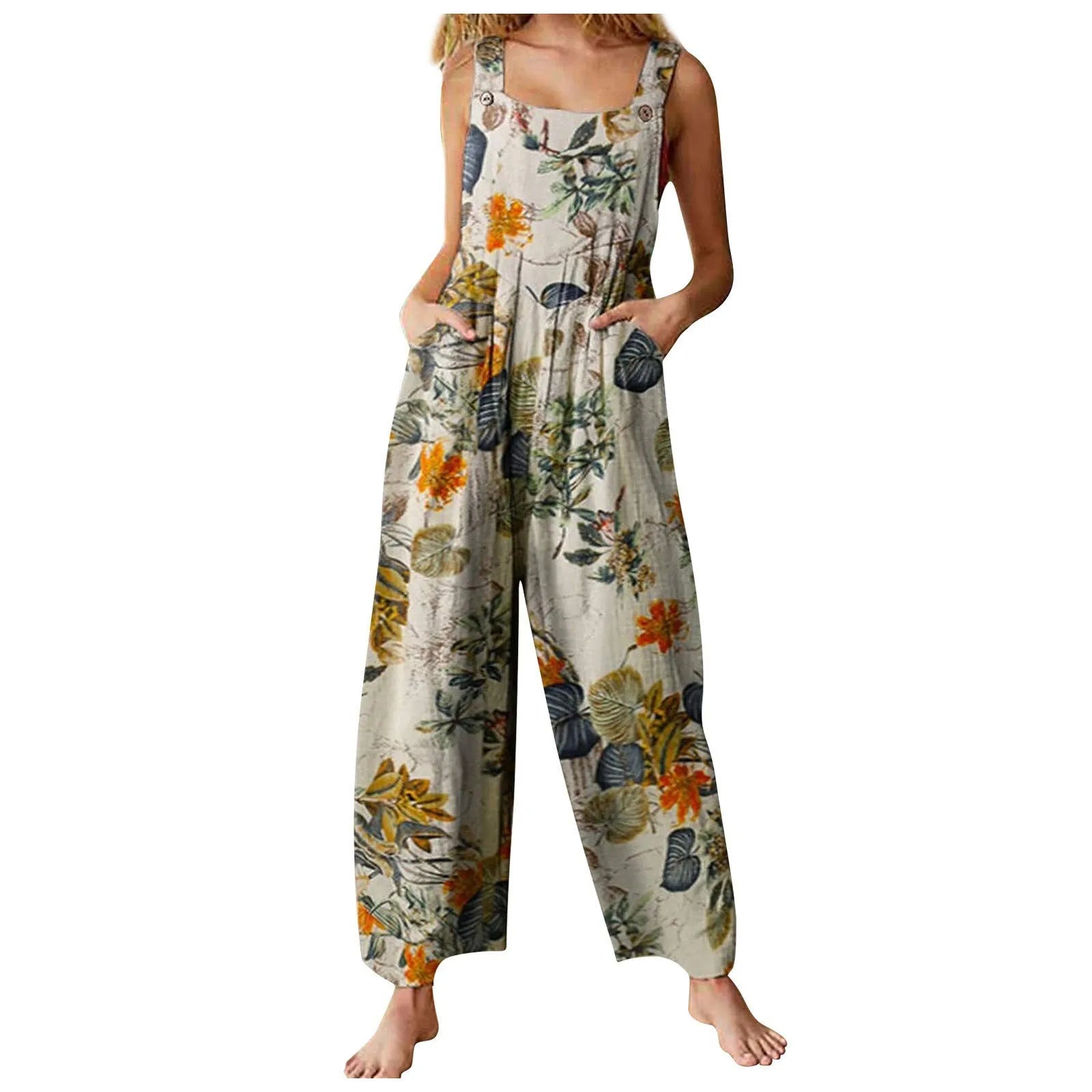 Ethnic Style Patchwork Floral Printed Retro Jumpsuit With Button And Pocket Fashion Colorful Adjustable Strap Pants-Dollar Bargains Online Shopping Australia