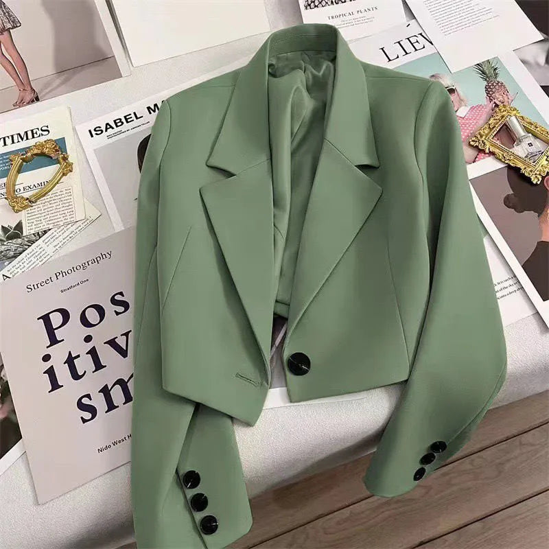 Cropped Blazers Women Autumn New Simple Single-Button Suit Jacket All-Match Long Sleeve Office Lady Outwear-Dollar Bargains Online Shopping Australia