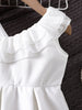 Girls dress summer pure white dress with ruffles and slanted shoulders