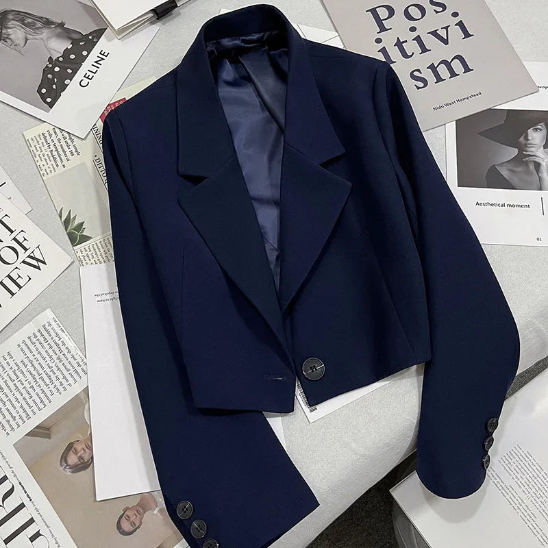 Cropped Blazers Women Autumn New Simple Single-Button Suit Jacket All-Match Long Sleeve Office Lady Outwear-Dollar Bargains Online Shopping Australia