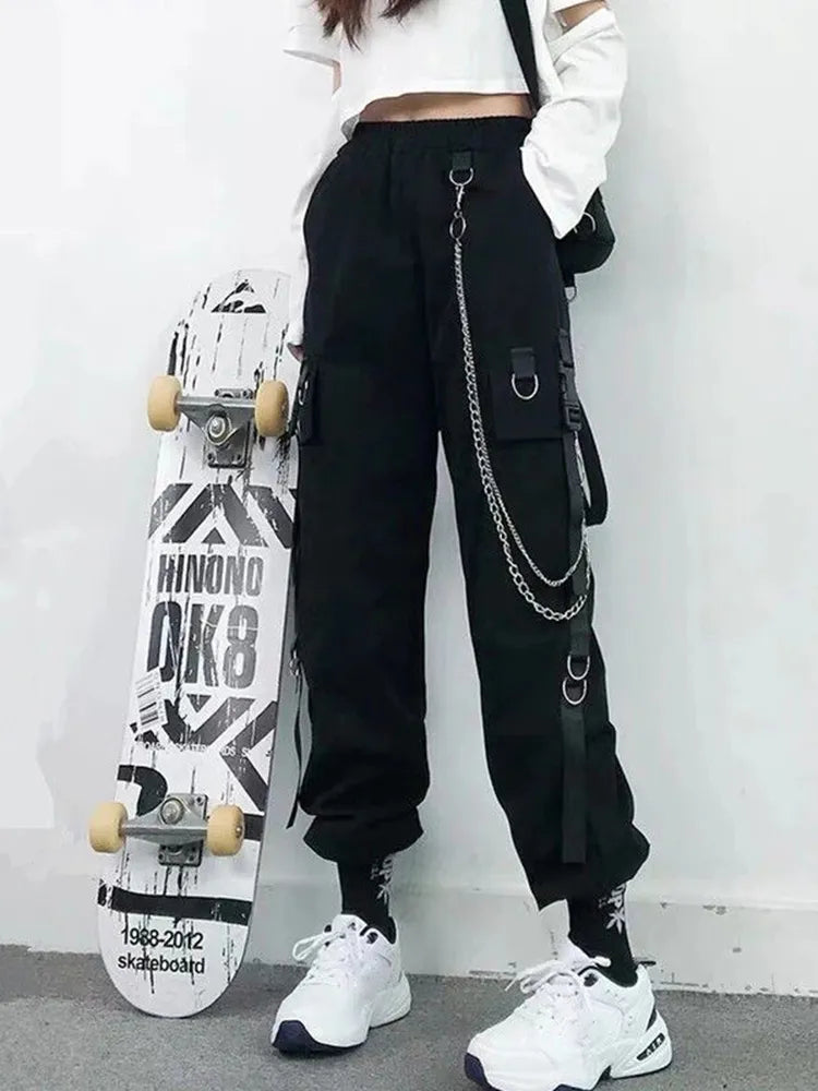 Women Cargo Pants Harem Pants Fashion Punk Pockets Jogger Trousers With Chain Harajuku Elastics High Waist Streetwear-Dollar Bargains Online Shopping Australia