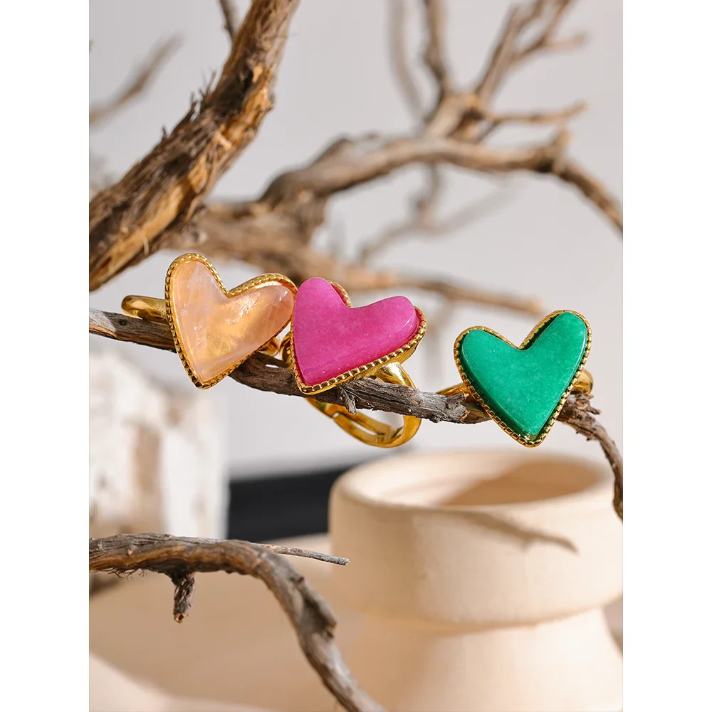 Candy Sweet Y2K Natural Stone Stainless Steel Heart Love Open Ring Adjustable Real Gold Plated Young Jewelry for Women-Dollar Bargains Online Shopping Australia