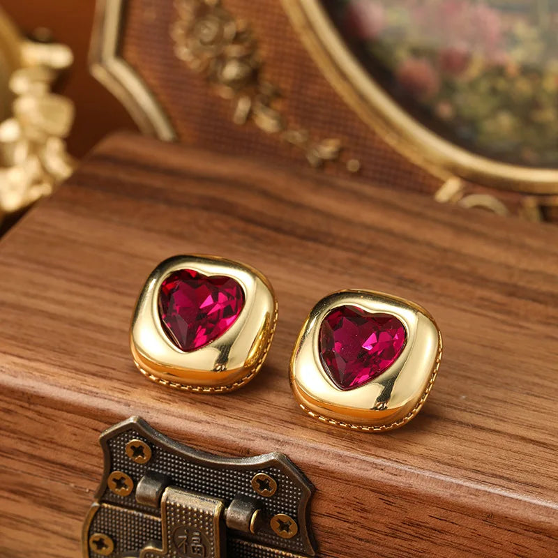 Vintage Earrings Vintage Geometric Red Heart Shaped Earrings Elegant And Fashionable Women's Light Luxury New Year Earrings-Dollar Bargains Online Shopping Australia