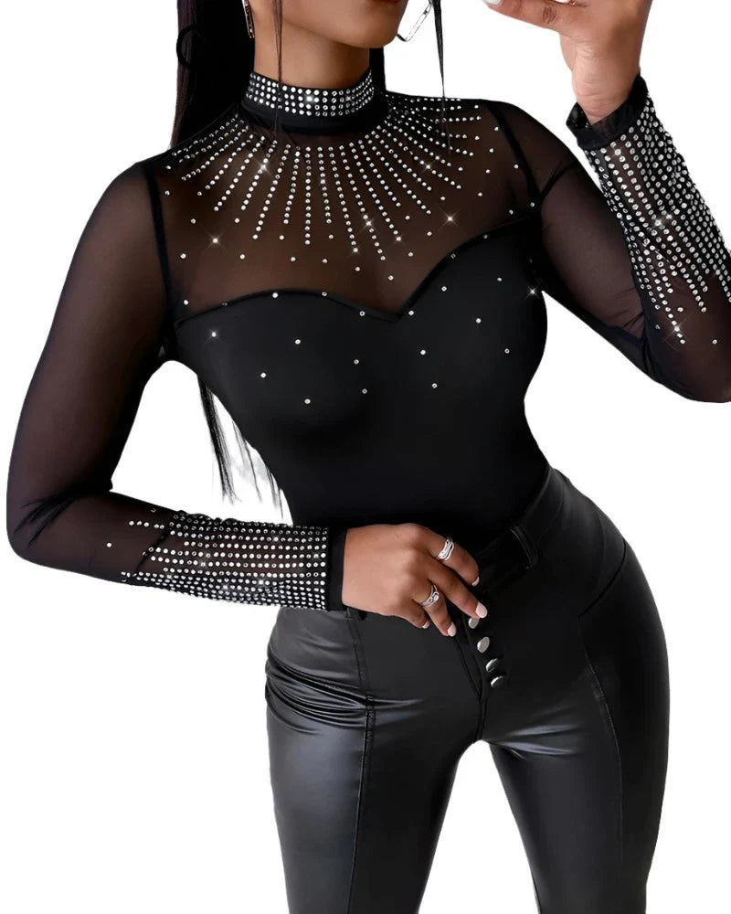 Women Sexy Solid Long Sleeves Contrast Mesh Patch Rhinestone Decor Bodysuits-Dollar Bargains Online Shopping Australia