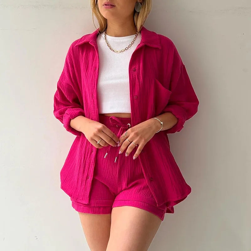 Casual Sleepwear Cotton Pajamas For Women Sets Suit Turn-Down Collar Long Sleeve Sleep Tops Shorts Two Piece Set Female Homewear-Dollar Bargains Online Shopping Australia