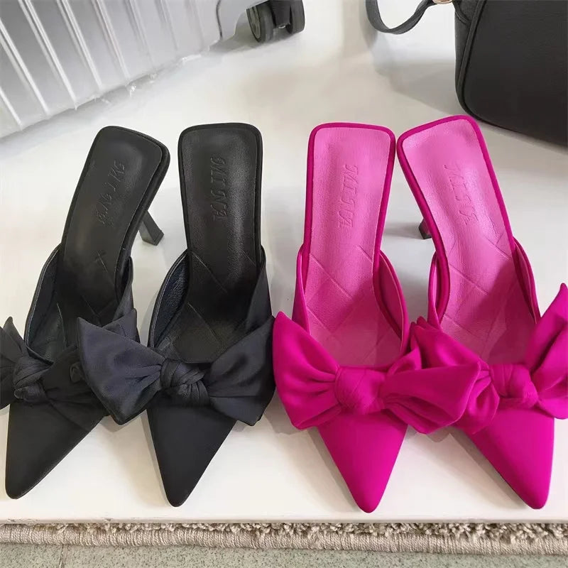 Butterfly-knot Mules Women Slippers Elegant Pointed Toe Thin High Heels Ladies Summer Fashion Party Prom Shoe-Dollar Bargains Online Shopping Australia