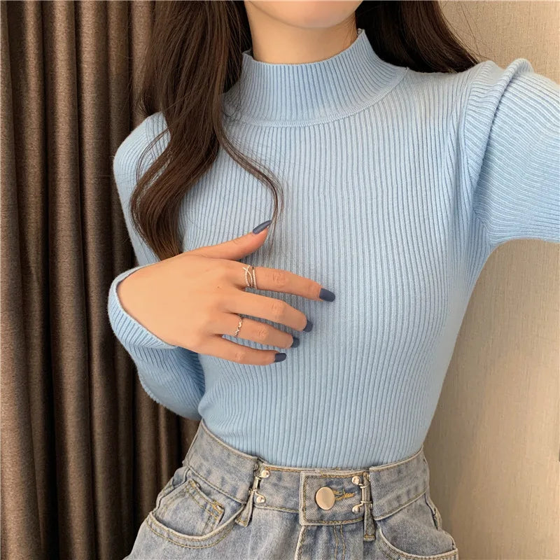 Sweater Top Women Ribbed Soft Mock Neck Elastic Pullover Warm Solid Color Slim Jumper-Dollar Bargains Online Shopping Australia