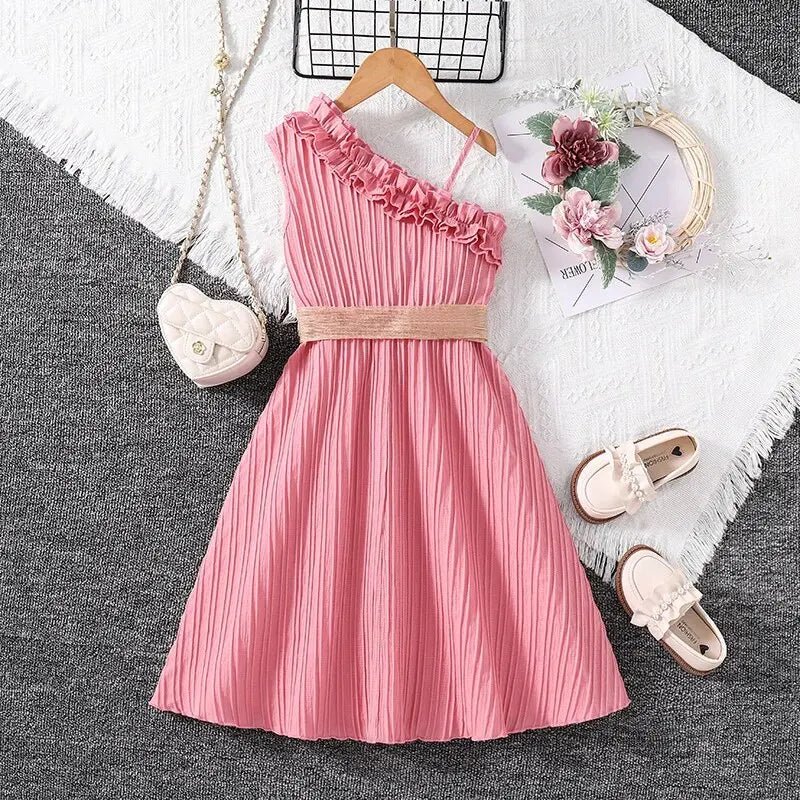 Kids Dress Girls Frill-Trim Asymmetrical Straps A-line Dress Summer Vacation-Dollar Bargains Online Shopping Australia