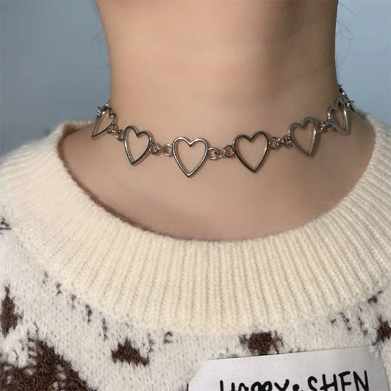 Independent Gothic Metal Hollow Connecting Heart Neck Chain Collar Necklace Women's Cosplay Aesthetic Jewelry