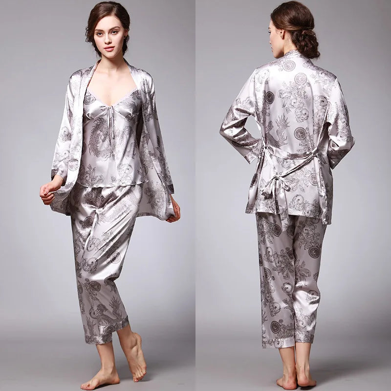 Women's Silk Satin Pajamas Set 3 Pcs Floral Silky Pj Sets Sleepwear Cami Nightwear with Robe and Pant-Dollar Bargains Online Shopping Australia