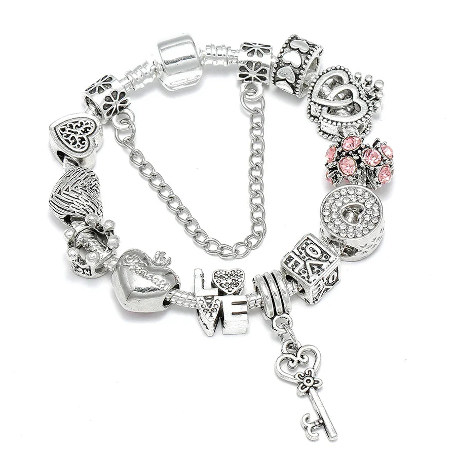 Buipoey Silver Plated Heart Key Pendant Charm Bracelets For Women Original Girls Princess Crown Beaded Bracelet Wife Jewelry-Dollar Bargains Online Shopping Australia