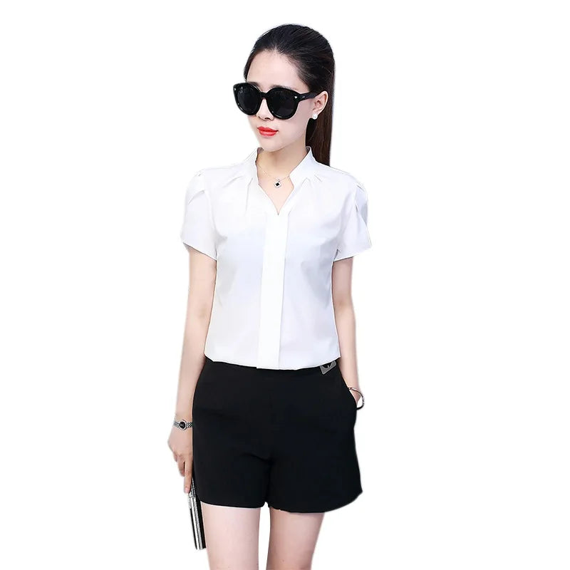 Women White Shirt Female Short Sleeve Shirt Fashion Leisure Chiffon Blouse Tops-Dollar Bargains Online Shopping Australia