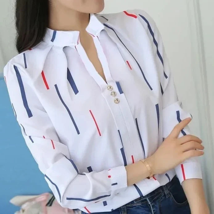 Women White Tops Women's Blouses Fashion Stripe Print Casual Long Sleeve Office Lady Work Shirts Female Slim-Dollar Bargains Online Shopping Australia