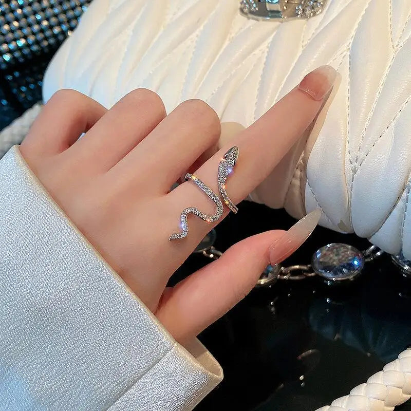 Vintage Micro-Inlaid Zircon Snake Ring Finger Ring for Women Ins Adjustable Crystal Puck Rings Girls Party Engagement Jewelry-Dollar Bargains Online Shopping Australia