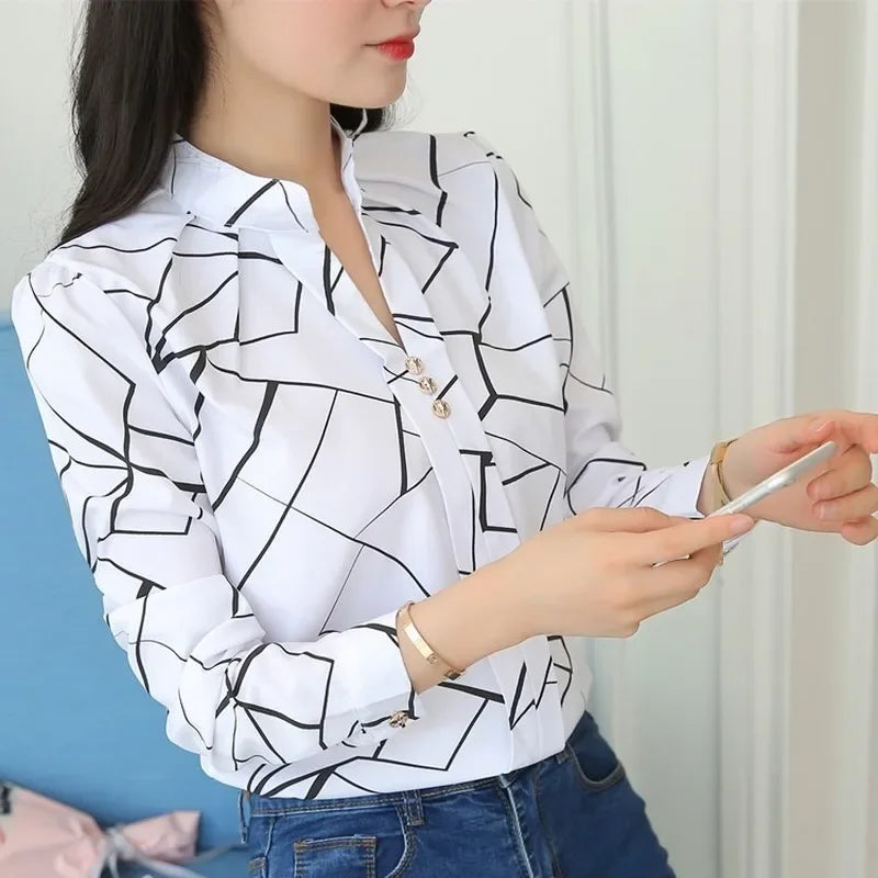 Women White Tops Women's Blouses Fashion Stripe Print Casual Long Sleeve Office Lady Work Shirts Female Slim-Dollar Bargains Online Shopping Australia